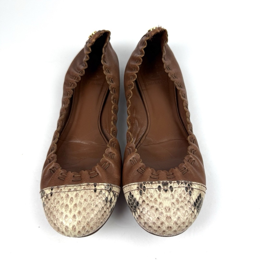Tory Burch Abbey Flats 6.5 Brown Snakeskin Cap Toe Leather‎ Slip On Gold Logo